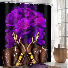 SVBright African American Shower Curtain 60Wx72L Inch Purple Black Girl Women Flower Peony Floral Modern Gold Quotes Girly Words 12 Pack Hooks Polyester Waterproof Fabric Bathroom Bathtub Panels