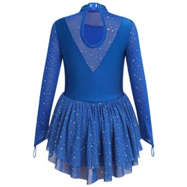 ODASDO Figure Skating Dress for Girls Ice Skating Kids Teenager Girl Mesh Long Sleeve Sparkly Rhinestones Sequin Skirted Leotard Gymnastics Competition Ballet Outfit Dancewear Royal Blue 5-6 Years