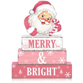 Geelin 4 Pcs Christmas Wooden Tabletop Decor Pink Winter Santa Tiered Tray Decor Christmas Centerpiece Rustic Decorative Block Signs Gift Farmhouse Table Decoration for Home Kitchen