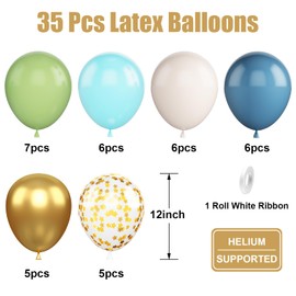 Green Blue Gold Balloons, 12 Inch Dusty Blue and Sage Green Balloons Set, Teal Blue and White Sand Balloons Metallic Gold Star Confetti Balloons for Girls Boho Birthday Baby Shower Wedding Party Decor