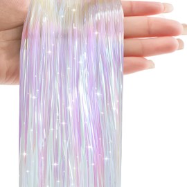 800 Glitter Hair Strands Tinsel for Hair 120 cm Tinsel Hair Extensions Glitter Strands Hair Extension Fairy Hair Tinsel Hair Extension Kit (Silver White)