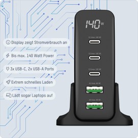 ANSMANN 5-Port USB Charger with up to 140 W/Power Delivery and Quick Charge 3.0 Charger with Intelligent Charging Control/Ideal for Smartphone, Tablet, Table Fan, LED Devices, etc.