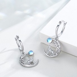 Wolf Earrings for Women S925 Sterling Silver Moonstone Celtic Wolf Dangle Earrings Crescent Moon Wolf Earrings Animal Earrings Howling Wolf Jewelry, Sterling Silver, No Gemstone