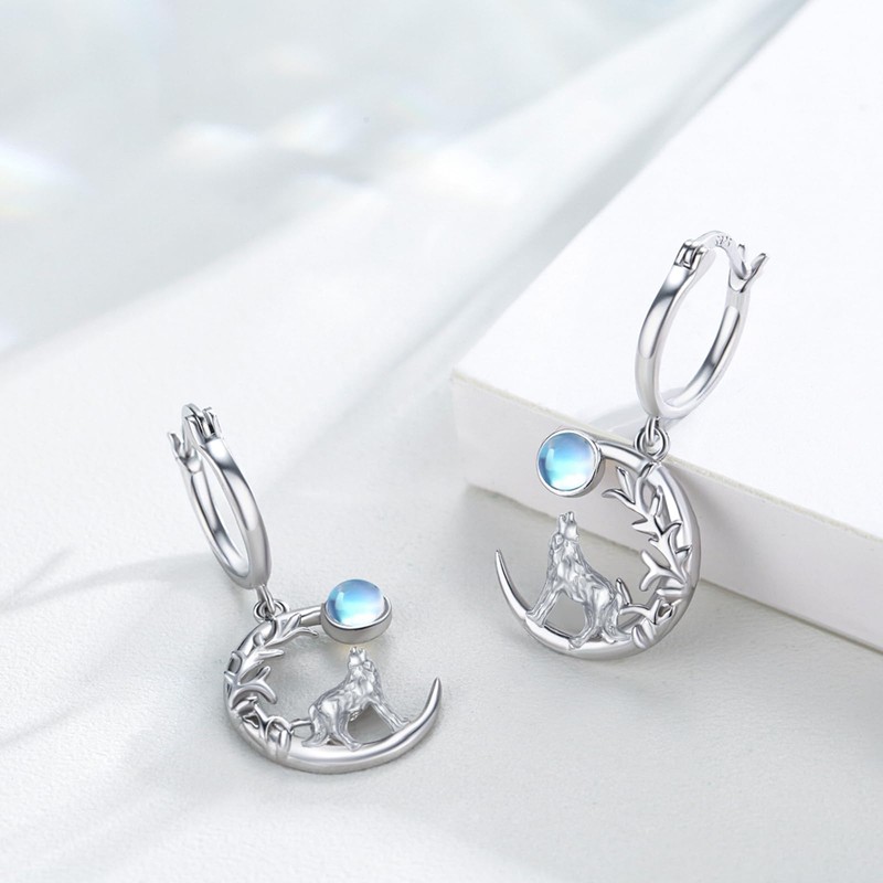 Wolf Earrings for Women S925 Sterling Silver Moonstone Celtic Wolf