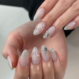 ANDGING Almond Press on Nails White Short Medium Ombre fake on Nails with Glitter Rhinestone Snowflake Designs Acrylic Fake Nails for Women Wedding Manicure Classy False Stick on Nails 24 Pcs