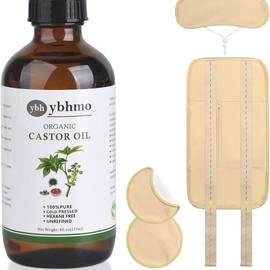 YBHMO Organic Castor Oil Cold Pressed Glass Bottle (8fl.oz/237ml), Castor Oil Pack Wrap Organic Cotton for Liver Wastes Release, Inflammation and Relieve Pain Body Care Comfort