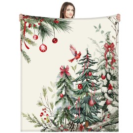 Mindsoft Christmas Tree Blanket Christmas Balls Pine Needles Pine Cardinal Bird Fuzzy Plush Flannel Cozy Blanket Winter Christmas Decor for Home Couch Bedding Room