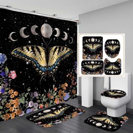 Pretyw 4 Pcs Black Butterfly Moon Shower Curtain Set Vintage Aesthetic Gothic Bathroom Set with Floral Plants Bathroom Set with Hook Toilet Lid Cover and Bath Mat