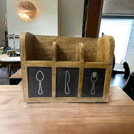 True Wrap Kitchen Utensil Holder - 3 Compartment Wood Cutlery Caddy with Chalkboard Label, Utensil Organizer for Countertop, Dining Table and Kitchen Décor, Medium, Brown, TW010