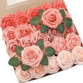 Floroom Artificial Flowers 25pcs Real Looking Coral Ombre Colors Foam Fake Roses with Stems for DIY Wedding Bouquets Bridal Shower Centerpieces Floral Arrangements Party Tables Home Decorations
