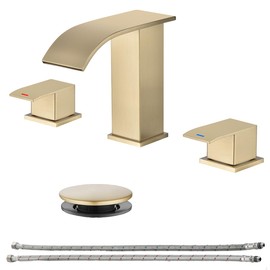 RANDOM Brushed Gold Bathroom Faucet Waterfall Gold Bathroom Sink Faucet 2 Handles 3 Holes SUS304 Stainless Steel Modern Vanity Faucet with Pop up Sink Drain Stopper and cUPC Water Supply Hoses