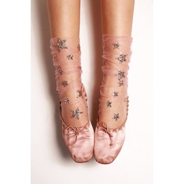 fxmimior Fashion Women Hot Glitter and Stars See-Thru Tulle Socks (pink)