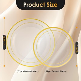Lullaby 102PCS Clear Plastic Plates with Gold Rim, Includes 51pcs Dinner Plates 10” and 51pcs Dessert Plates 7”, Disposable Elegant Plates for Birthdays, Parties and Wedding