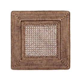 Caspari Rattan Square Plate Charger in Dark Natural Brown, Set of 4