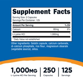 Nutricost L-Lysine 1000mg, 250 Capsules - 500mg Per Cap, Gluten Free, Non-GMO