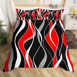 Red Stripe Comforter Cover Black and Grey Modern Bed Set, Geometric Lines Duvet Cover Single Abstract Aesthetic Bedding Sets, All-Season Super Cozy Breathable Bedspread Cover Room Decorations 2pcs