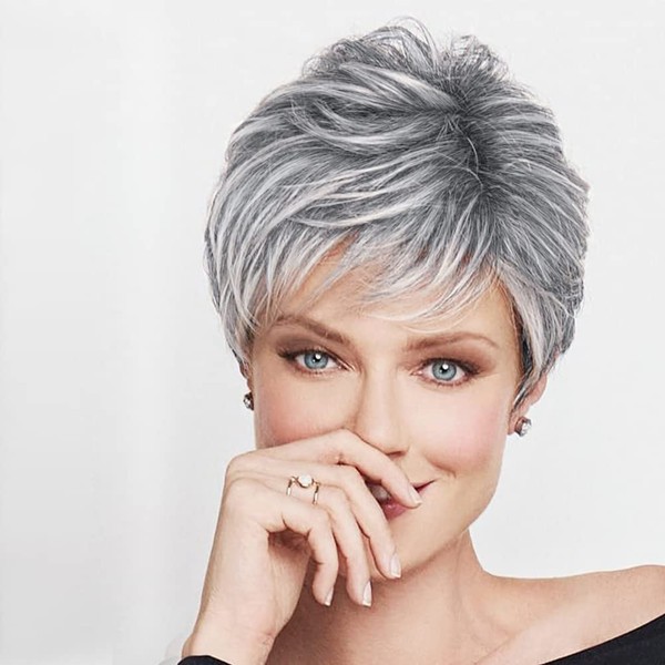Becus Short Wig Ombre Silver Grey Pixie Cut Dark Root Straight Layered Short Hair with Fringe Synthetic Pixie Short Wigs for Women (Ombre Silver Gray)