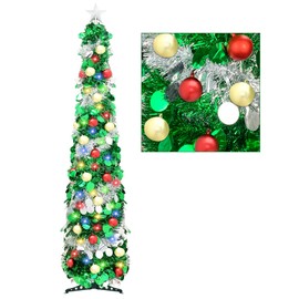 5 Ft Artificial Christmas Tree Pop-Up Collapsible Pencil Christmas Trees with 100 Color, Bright Artificial Tinsel Pencil Tree with Ball Star for Indoor Outdoor Christmas Decorations