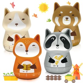 4 Pieces Cute Kitchen Timer Cartoon Animal Mechanical Timer Manual Fox Raccoon Bear Wolf 60 Minutes Loud Alarm Egg Timer Windup Timer for Classroom Christmas Students Kids Home Cooking Baking