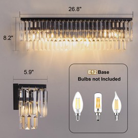 Wellmet 4-Light Bathroom Vanity Light Fixtures, Black Crystal Wall Sconces Lighting, Modern Farmhouse Wall Lamp for Mirror, Living Room, Bedroom, Hallway, Cabinet, Porch, E12 Base(Bulbs Not Included)