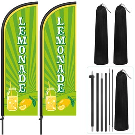 Remagr 2 Pack Lemonade Feather Flag 7 ft Advertising Swooper Flag Sign Windless Lemonade Banner with Pole Kit and Ground Stake for Businesses Restaurants Outside Ground (Green Yellow)