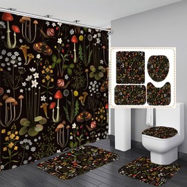 Emwnodti 4Pcs Retro Mushroom Bathroom Accessory Sets with Shower Curtain and Rugs, Fairy Forest Flowers Plants on Black Background Shower Curtains with Non-Slip Rugs Toilet Lid Cover Bath Mat 72 x 72