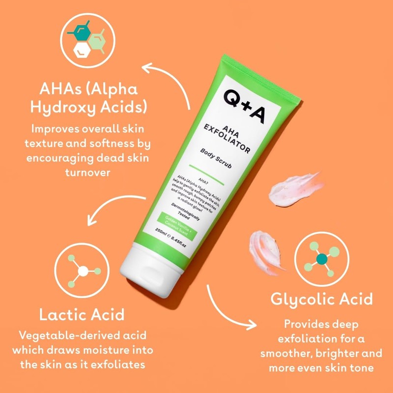 Q+A AHA Exfoliator Body Scrub (250ml), Exfoliating Body Scrub with