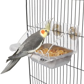 Hypeety - Comedero transparente para pájaros, sin ensuciar, para jaulas, comederos de jaula de pájaros, con perca antideslizante, tazón de acero inoxidable, para periquitos, loros, periquitos