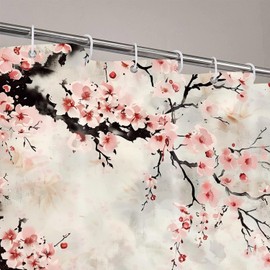 VANZEV Cherry Blossom Plum Asian Shower Curtain Japanese Weeping Flower Pink Floral Watercolor Cute Branch Ink Scenery Waterproof Polyester Fabric Bathroom Bathtub 72x72 Inch