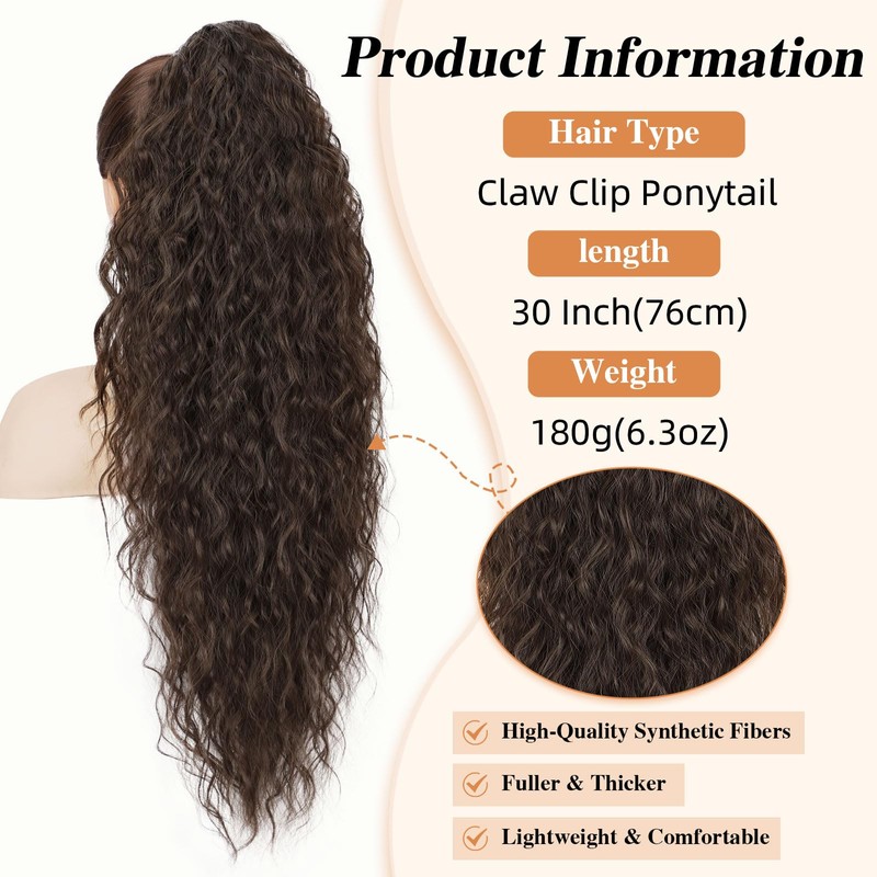 BOGSEA Claw Long Wavy Ponytail Extension for Women 30'' Pony