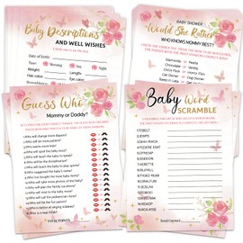 HOMANGA Baby Shower Games for Girl, 4 Fun Games for 25 Guests, Pink Floral Baby Shower Decorations, Who Knows Mommy Best, Guess Who Mommy or Daddy, Word Scramble, Babies Descriptions & Well Wishes