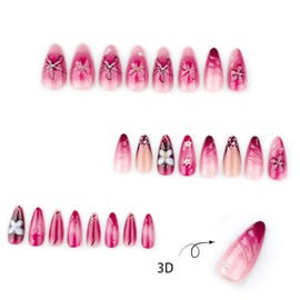 Gradient Press on Nails Medium Almond Shaped False Nails with 3D Flower Butterfly Designs French Tip Handmade Press on Nails Full Cover Acrylic Nails Stick on Nails for Women Nail Art Manicure 24 Pcs