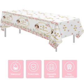 HIPVVILD Mi Bautizo Baptism Tablecloth Party Decorations for Girls, 3 Pack Disposable Pink Floral Religious First Communion Decorations Supplies Table Covers for God Bless Christening, 55in x 86in