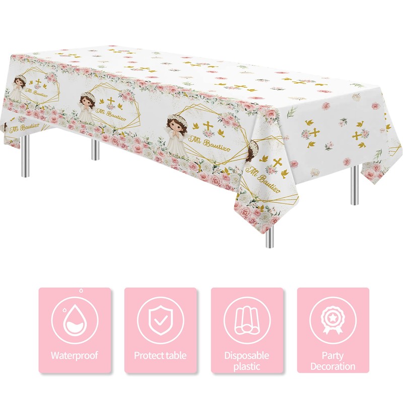 HIPVVILD Mi Bautizo Baptism Tablecloth Party Decorations for Girls, 3