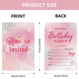 HOMANGA Birthday Party Invitations for Girls, 20Pcs Birthday Invitation Cards with Envelopes, Pink Party Invites for Kids, 10x15cm, Double-Sided