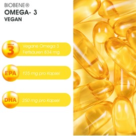 Biobene Omega 3 Vegan - DHA- und EPA-reiches Algenöl aus der Mikroalge Schizochytrium sp. - Unterstützt Augen, Herz und Gehirnfunktion - 30 Kapseln