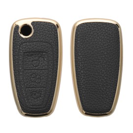 kwmobile Car Key Case Compatible with Ford 3-Button Car Key Keyless Go Case - Key Case Made of TPU and Faux Leather - Cover Black Gold