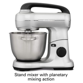 Hamilton Beach Electric Stand Mixer, 4 Quarts, Dough Hook, Flat Beater Attachments, Splash Guard 7 Speeds with Whisk, Silver