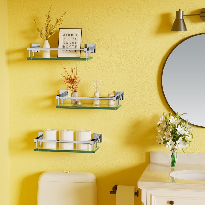 Alise Bathroom Glass Shelf with Stainless Steel Railing, Polished Chrome