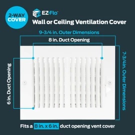 EZ-FLO 8 x 6 Inch (Duct Opening) Air Vent Cover for Wall or Ceiling, Two-Way Ventilation Register, Solid Steel HVAC Register Cover, White, 61661
