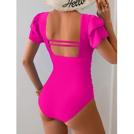 Eomenie Women's Tummy Control One Piece Swimsuit Ruffle Square Neck Bathing Suit Ruched Cutout Back Slimming Swimwear Hot Pink