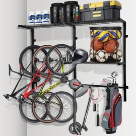 NouraVita Heavy Duty Garage Shelving, Wall Mounted Sports Equipment Organizer for Efficient Garage Storage, Adjustable Rack with DIY Hooks - Ideal for Bikes, Golf Bags, Tennis Rackets & Helmets