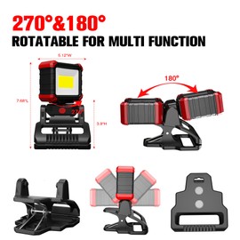 Yls 2 Pack LED Rechargeable Work Light with Clamp, 2100LM COB Magnetic Clip on Worklight with 3 Light Modes, 270°& 180° Rotatable Portable Clamp Worklight for Car Repairing, Jobsite, Grilling, Camping