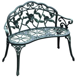 Antique Green Cast Aluminum Patio Bench 2 Seat Floral Rose Design Outdoor Loveseat for Deck Gardencolor: default Color