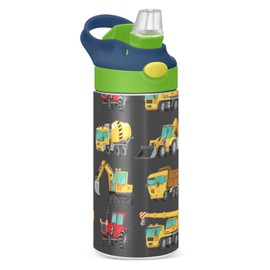Boccsty Yellow Tractor Truck Kids Water Bottle with Straw Lid Car Insulated Stainless Steel Reusable Tumbler for Boys Girls Toddlers 12 oz Green