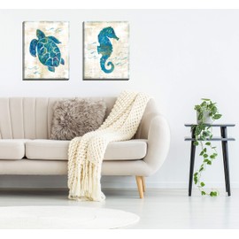 Gango Home Décor Lovely Nautical Turquoise and Cream Turtle and Seahorse Ocean Set by Sue Schlabach; Coastal Decor; Two 11x14in Canvases
