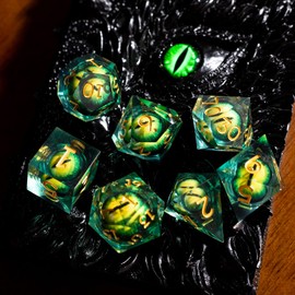 Premium Resin DND dice Set - Liquid core and Dragon Eyes - 7 Piece Sharp Edge RPG Game Accessories Including d4 d6 d8 d10 d% d12 d20 in Black Metal Box for Dungeon Masters and Beginners