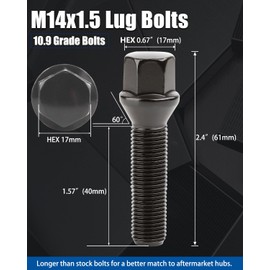 GAsupply 14x1.5 40mm Shank Lug Bolts, 20pcs Black Conical Seat 61mm Tall Lug Studs for Wheel Spacers, 17mm Hex, 40mm Thread Length Extended Wheel Hub Bolt