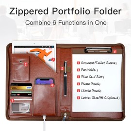 Zippered Padfolio Organizer, WRIYES Leather Planner Binder, 10.2 Inch Portfolio Folder for Documents, Letter Size Business Card Holder for Men&Women (Brown)