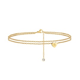 Ursteel Initial Ankle Bracelets for Women, 14K Gold Plated Ankle Bracelet with Initial R Dainty Layered Heart Gold Anklets for Women